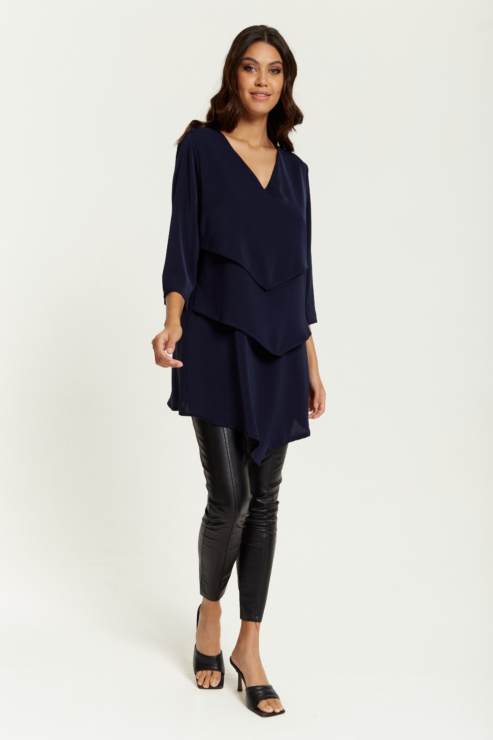 3/4 Sleeves V Neck Oversized Layered Tunic in Navy