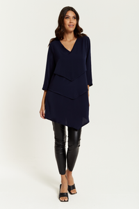 3/4 Sleeves V Neck Oversized Layered Tunic in Navy