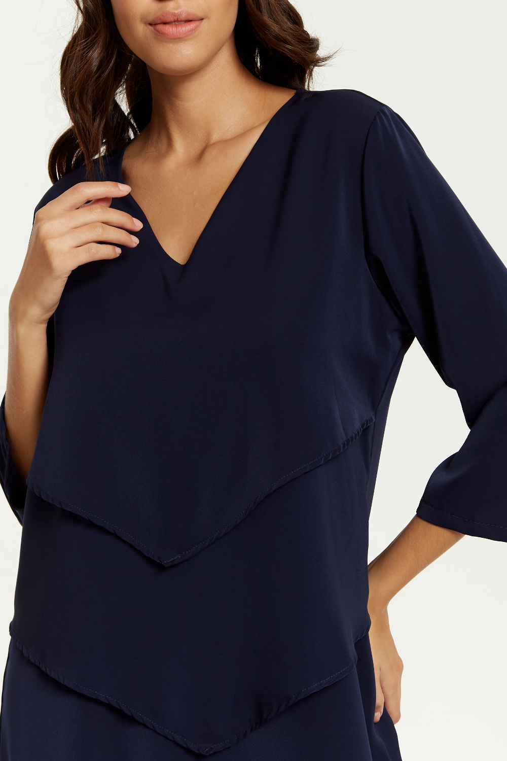 3/4 Sleeves V Neck Oversized Layered Tunic in Navy