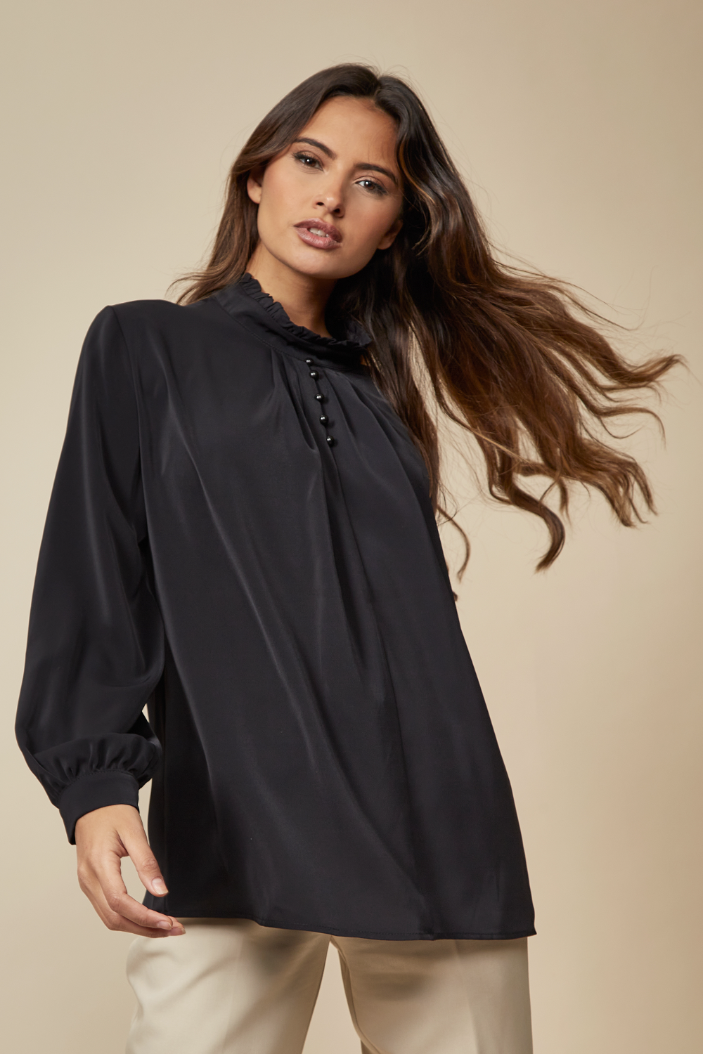 Oversized Ruffle Neck Top with Long Sleeves in Black