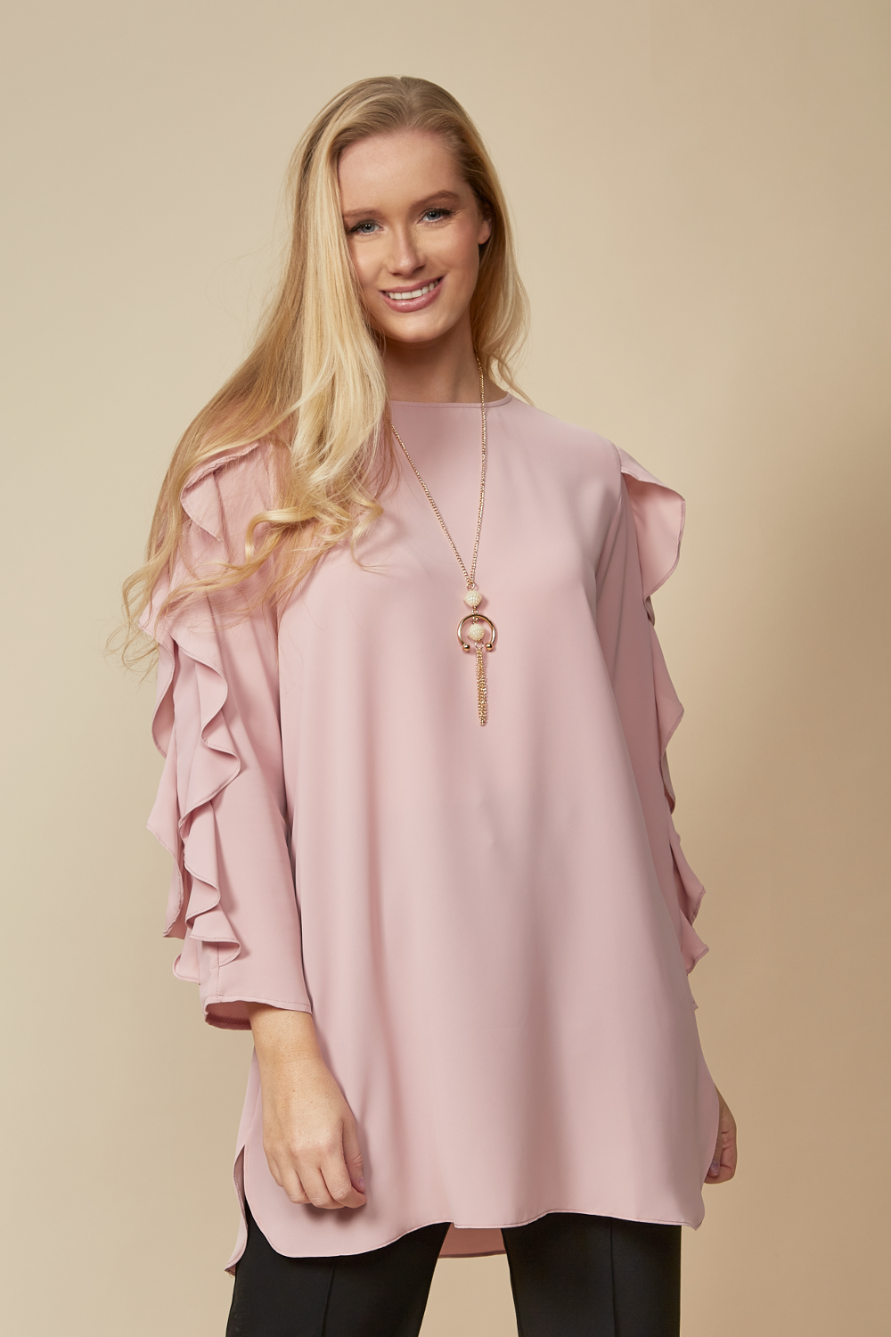 Oversized Ruffle Sleeve Relaxed Fit Tunic in Pink