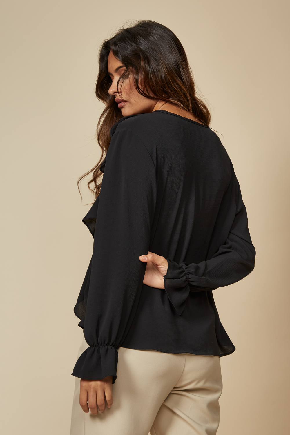 Oversized V Neck Top Ruffle Front Details in Black
