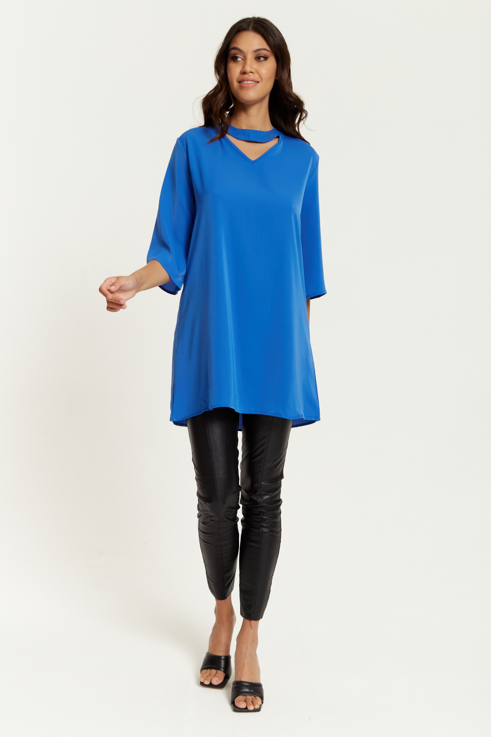 Oversized Detailed Neckline Tunic with 3/4 Sleeves in Blue