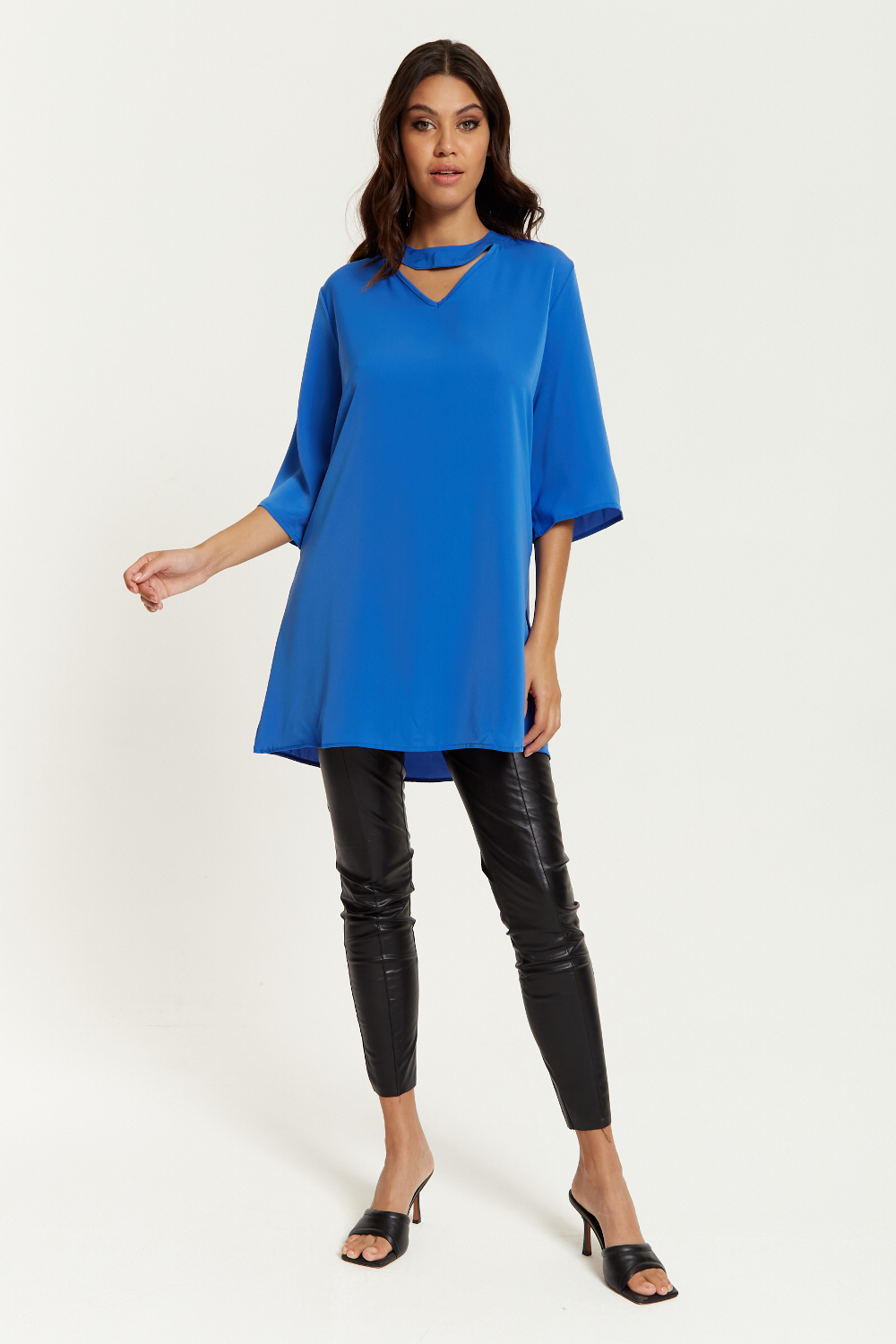 Oversized Detailed Neckline Tunic with 3/4 Sleeves in Blue