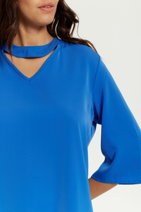 Oversized Detailed Neckline Tunic with 3/4 Sleeves in Blue