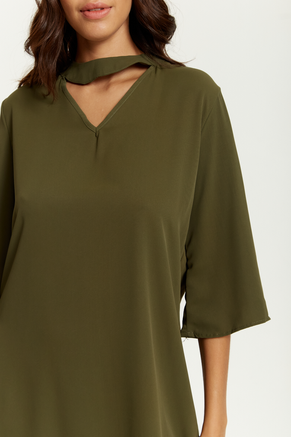 Oversized Detailed Neckline Tunic with 3/4 Sleeves in Khaki
