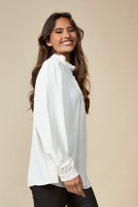 Oversized Ruffle Neck Top with Long Sleeves in White
