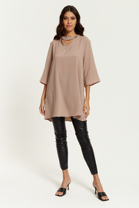 Oversized Detailed Neckline Tunic with 3/4 Sleeves in Beige