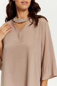 Oversized Detailed Neckline Tunic with 3/4 Sleeves in Beige
