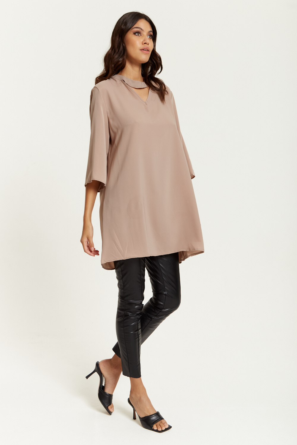 Oversized Detailed Neckline Tunic with 3/4 Sleeves in Beige