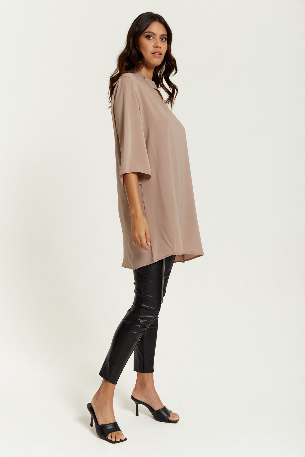 Oversized Detailed Neckline Tunic with 3/4 Sleeves in Beige