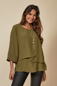 Layered Top With 3/4 Sleeves in Khaki with Necklace