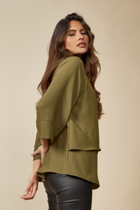 Layered Top With 3/4 Sleeves in Khaki with Necklace