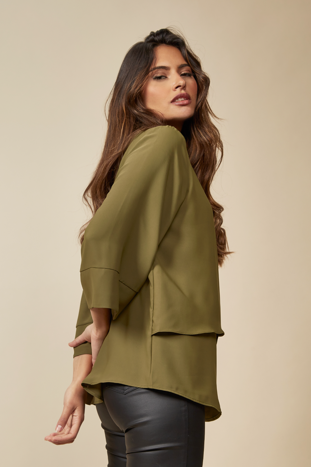 Layered Top With 3/4 Sleeves in Khaki with Necklace