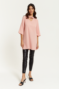 Oversized Detailed Neckline Tunic with 3/4 Sleeves in Pink