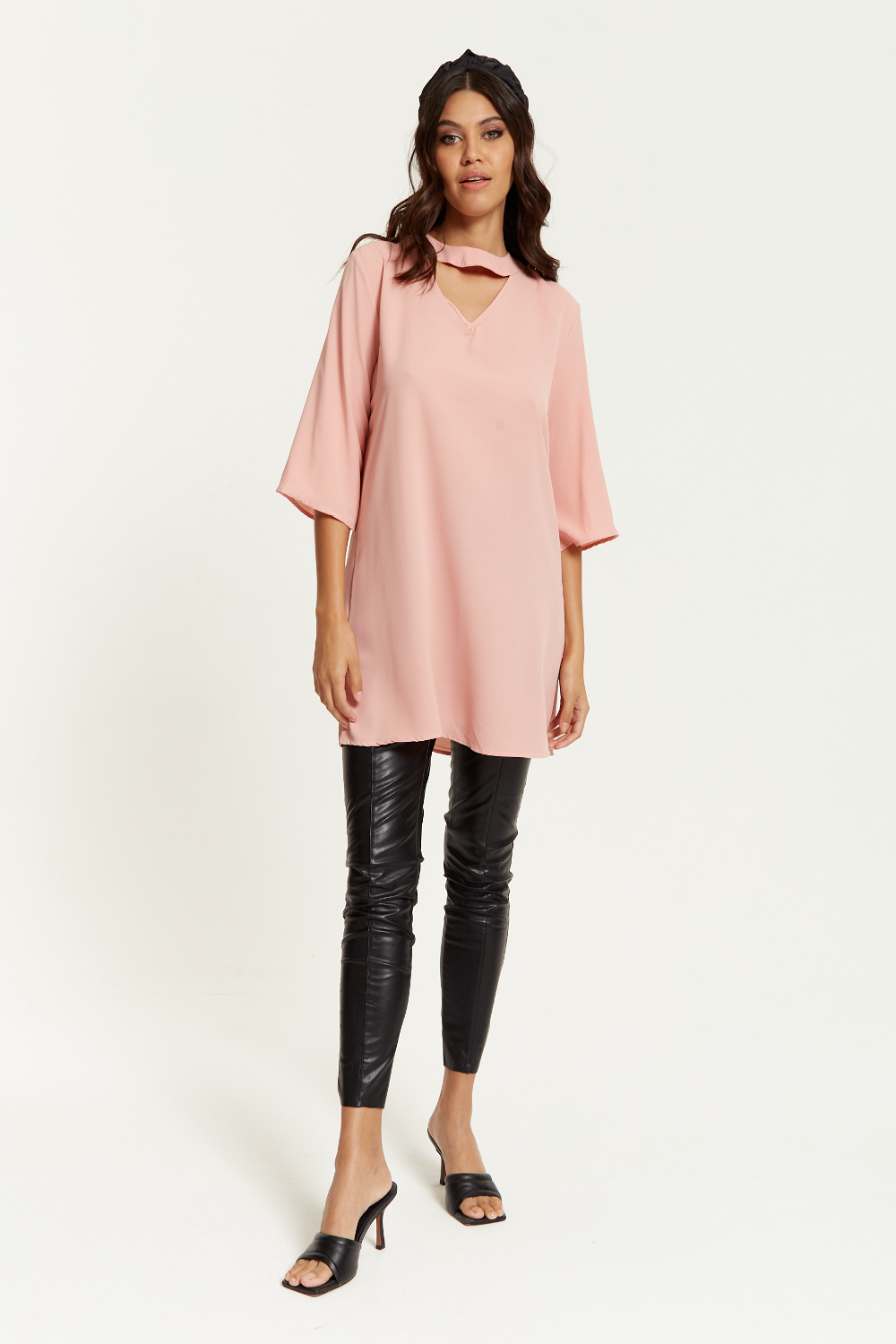 Oversized Detailed Neckline Tunic with 3/4 Sleeves in Pink