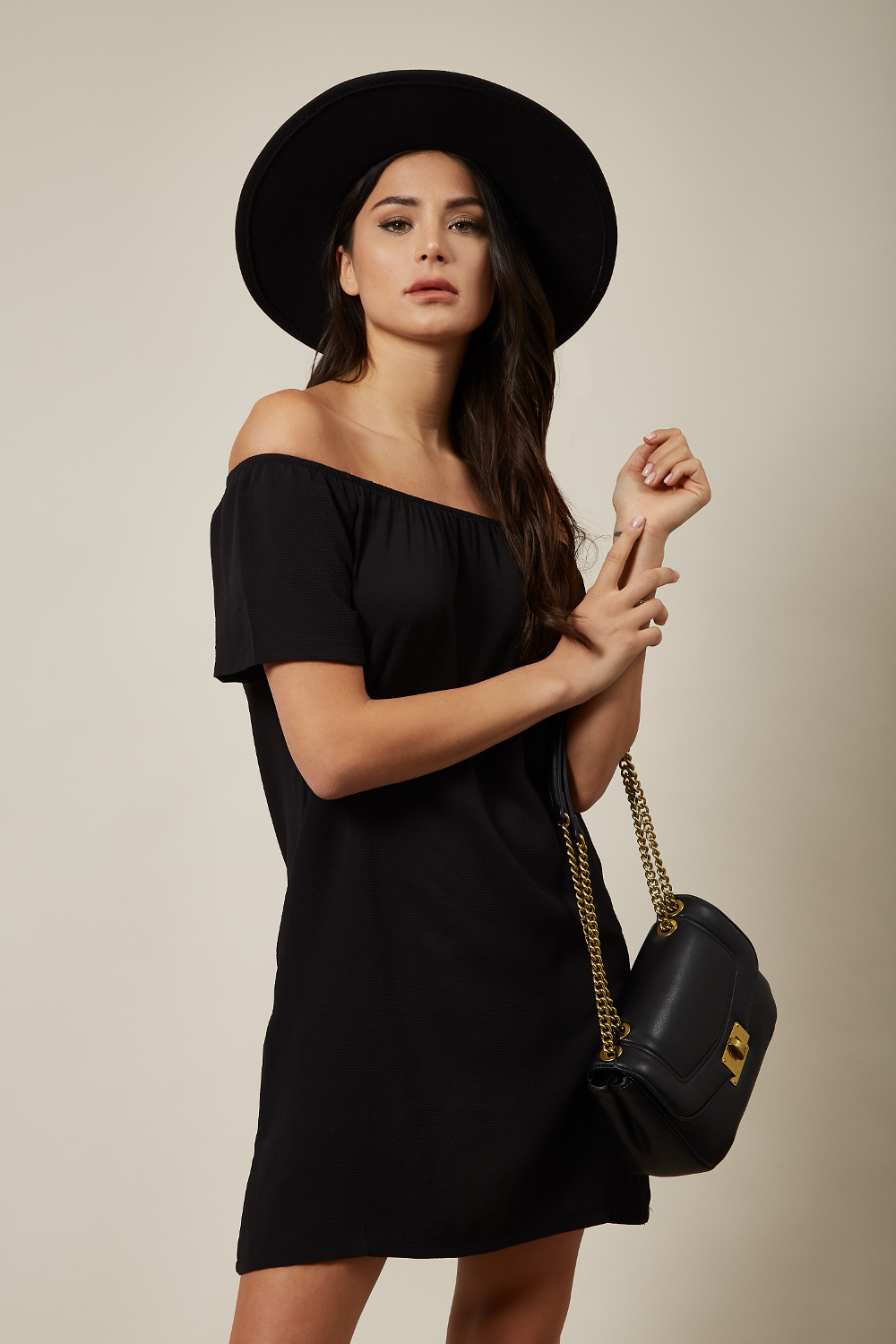 Off Shoulder Mini Dress in Black HOXTON GAL
