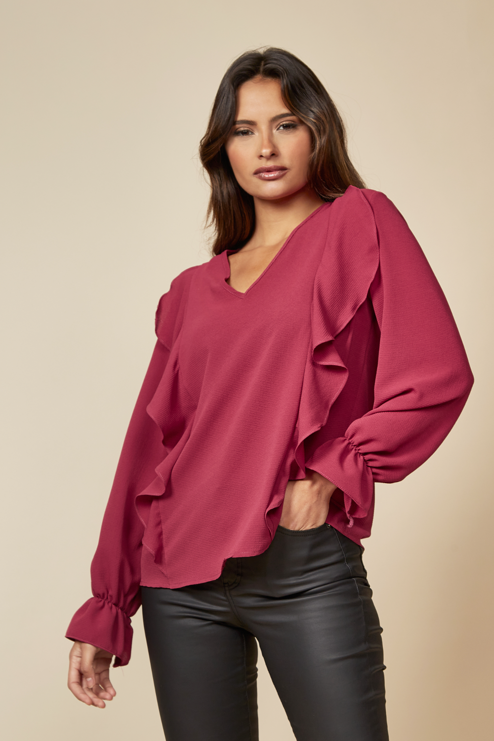 Oversized V Neck Top Ruffle Front Details in Burgundy