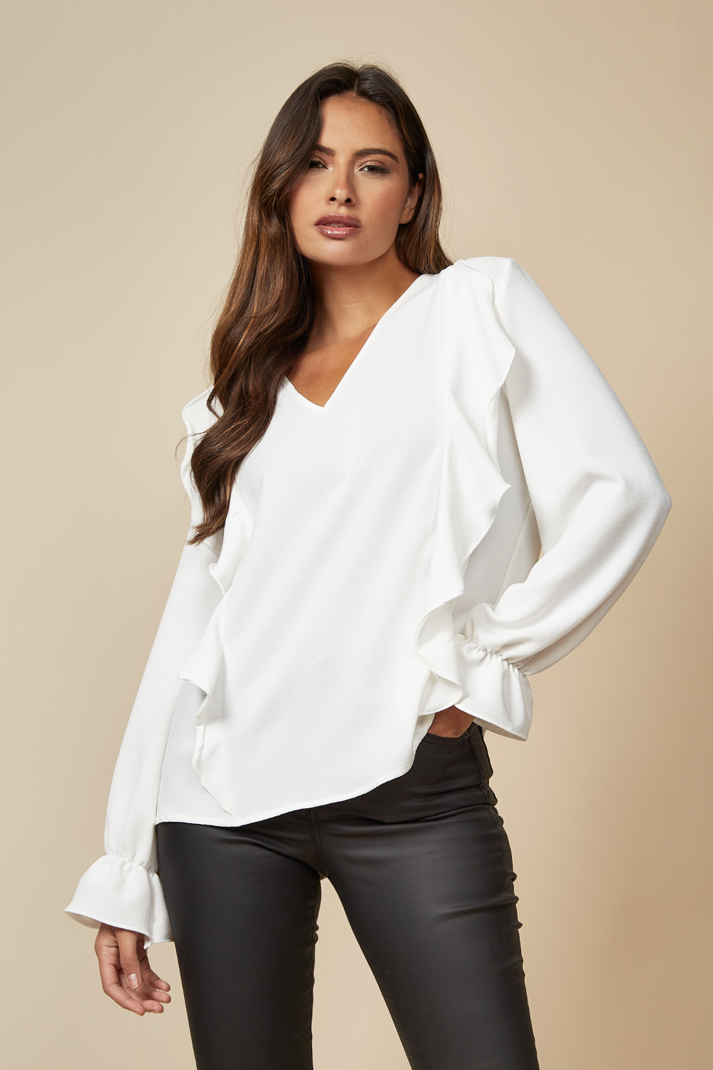 Ruffle shops front white blouse