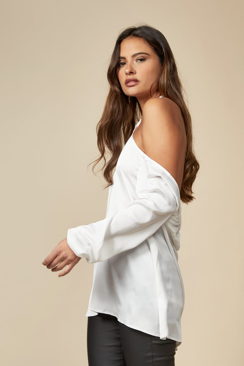 Oversized Tie Neck Off Shoulder Top in White