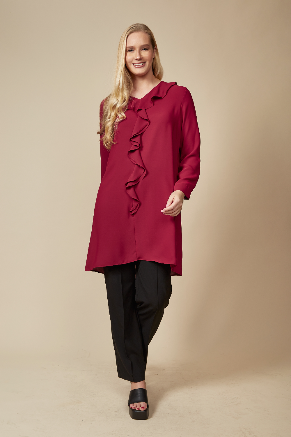 Oversized Tunic with Frill Details in Burgundy