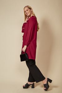 Oversized Tunic with Frill Details in Burgundy