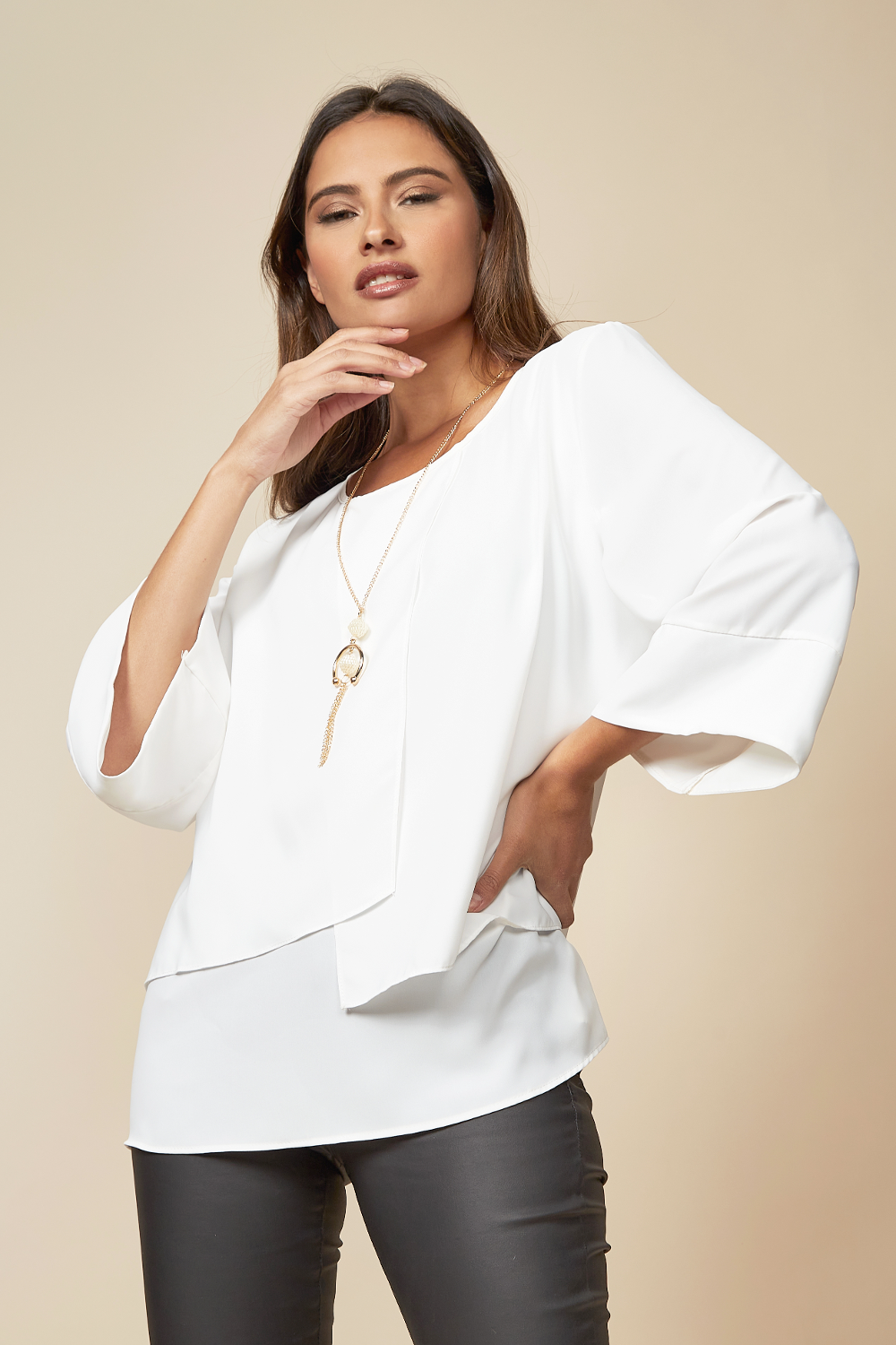 Layered Top With 3/4 Sleeves in White with Necklace