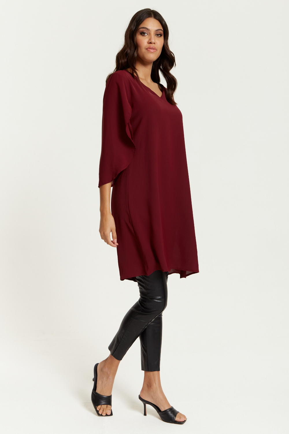 Oversized V Neck Tunic with Split Sleeves in Burgundy