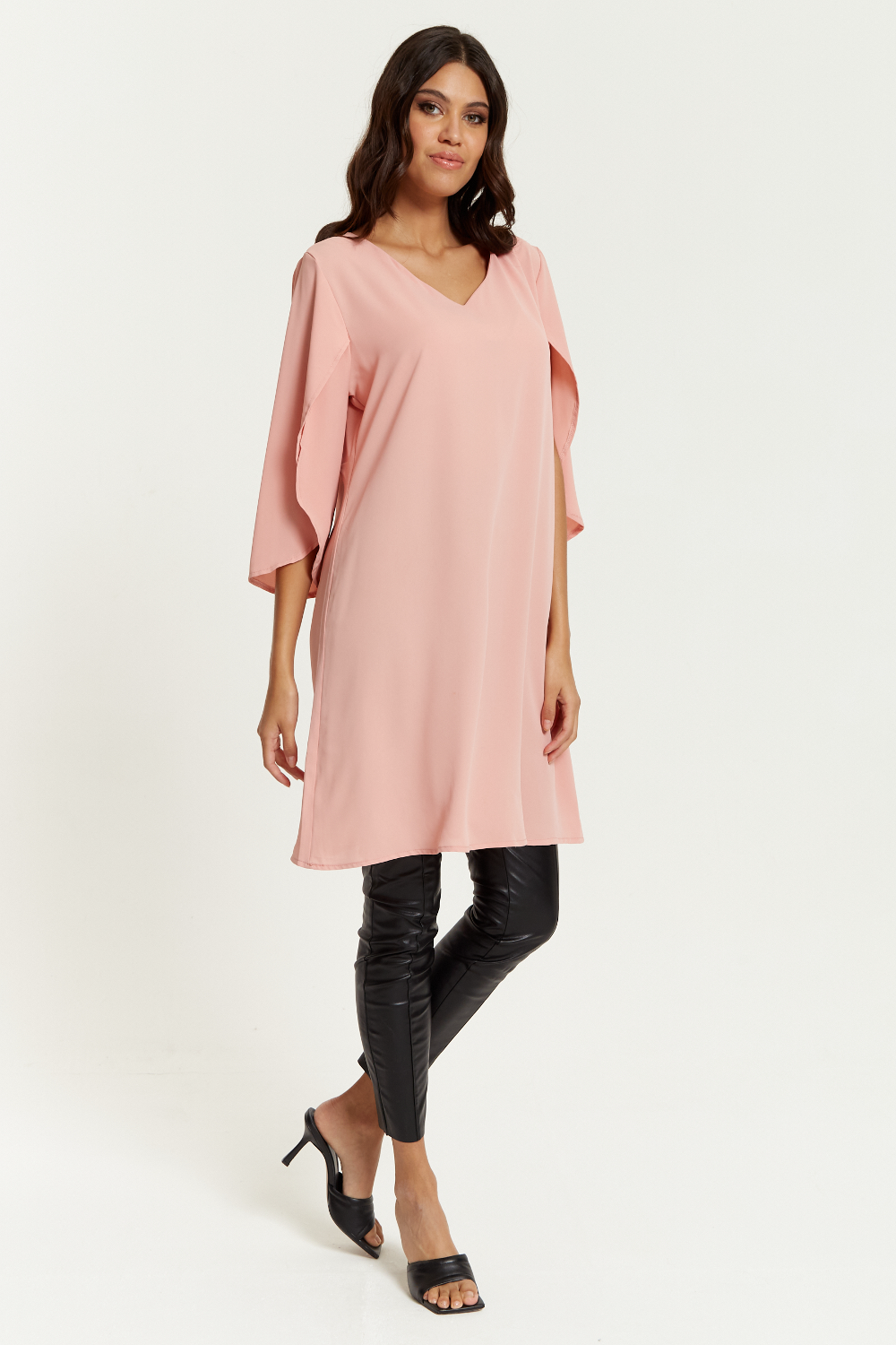 Oversized V Neck Tunic with Split Sleeves in Pink