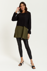 Oversized Satin Long Sleeves Colour Block Tunic Top in Black, Black and Khaki