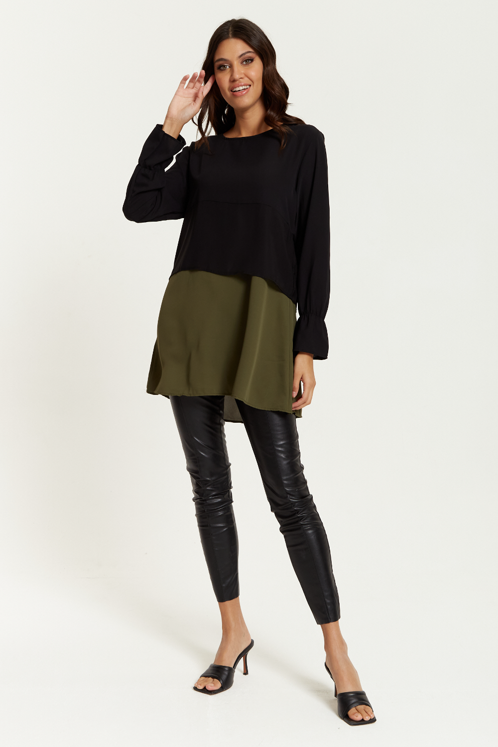 Oversized Satin Long Sleeves Colour Block Tunic Top in Black, Black and Khaki