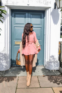Oversized Belt Detailed Tunic Shirt Dress with Long Sleeves in Pink
