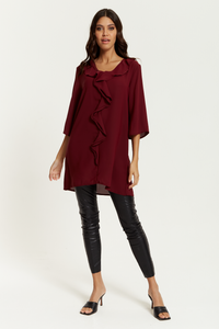 Oversized Frill Detailed 3/4 Sleeves Tunic Shirt in Burgundy