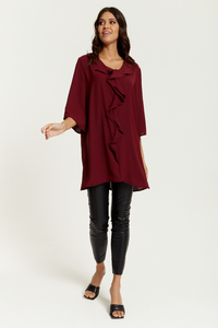 Oversized Frill Detailed 3/4 Sleeves Tunic Shirt in Burgundy