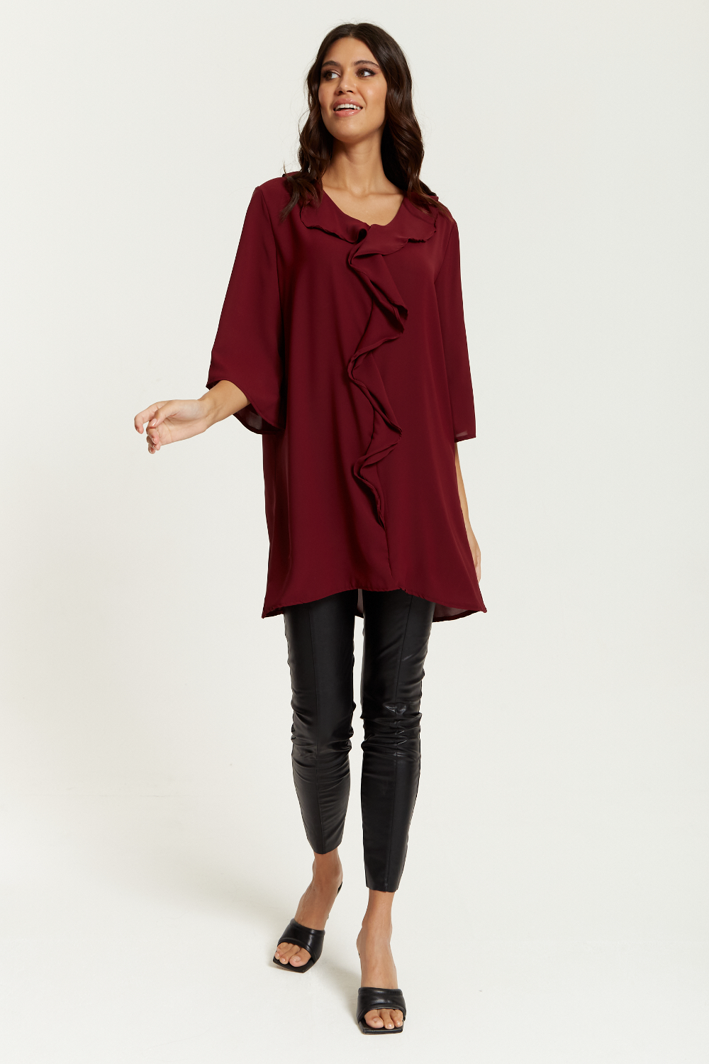 Oversized Frill Detailed 3/4 Sleeves Tunic Shirt in Burgundy