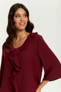 Oversized Frill Detailed 3/4 Sleeves Tunic Shirt in Burgundy