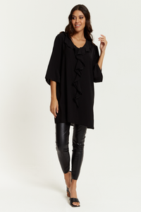 Oversized Frill Detailed 3/4 Sleeves Tunic Shirt in Black