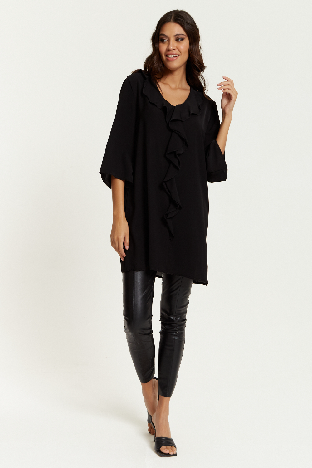 Oversized Frill Detailed 3/4 Sleeves Tunic Shirt in Black