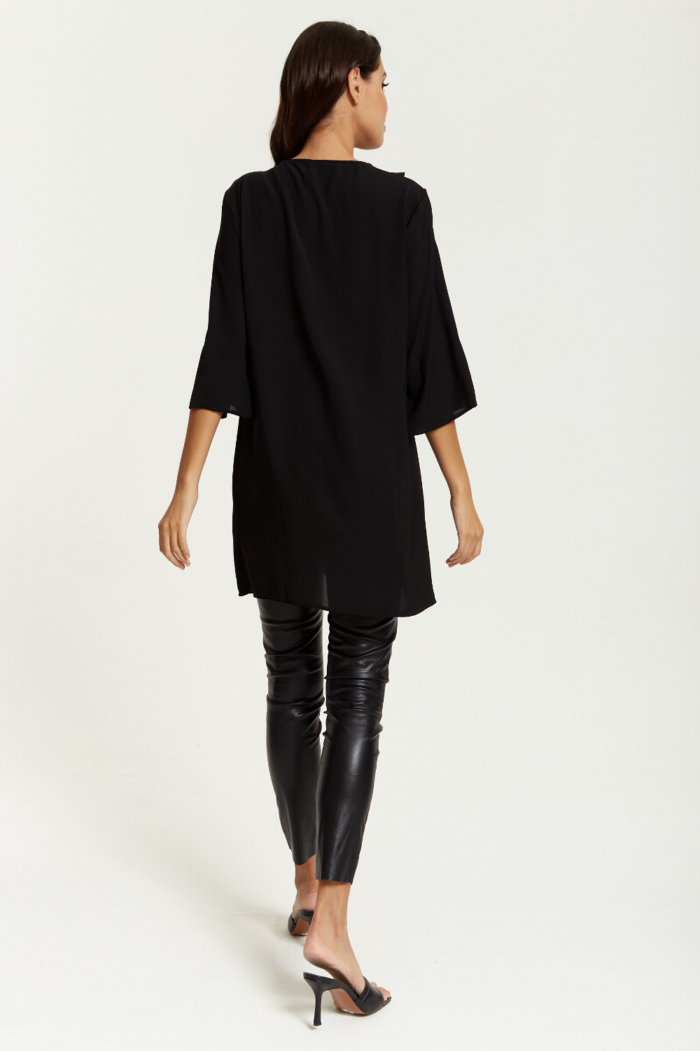 Oversized Frill Detailed 3/4 Sleeves Tunic Shirt in Black