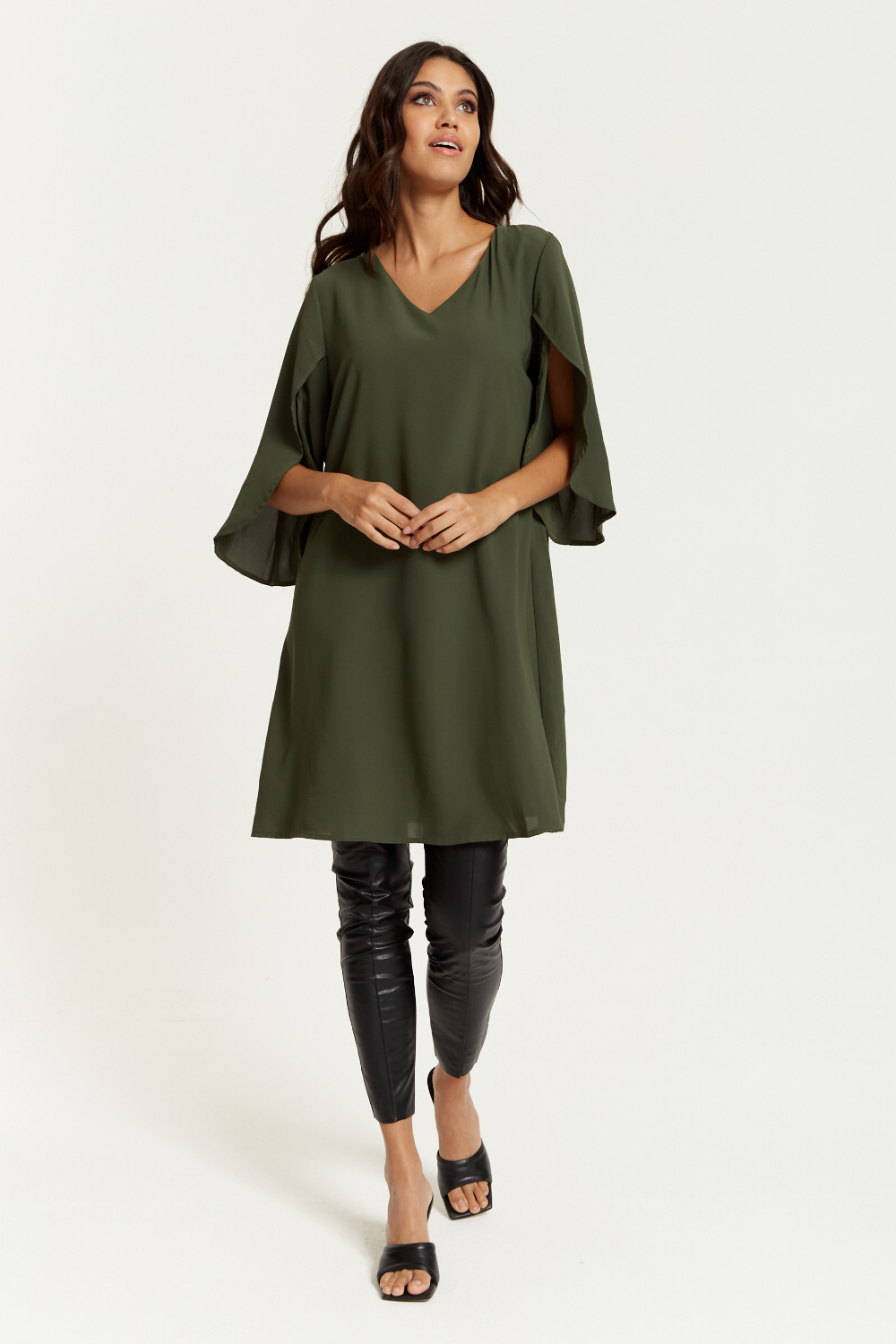 Oversized V Neck Detailed Satin Tunic with Split Sleeves in Khaki