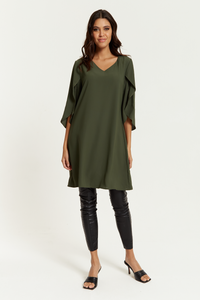 Oversized V Neck Detailed Satin Tunic with Split Sleeves in Khaki
