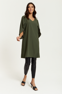Oversized V Neck Detailed Satin Tunic with Split Sleeves in Khaki