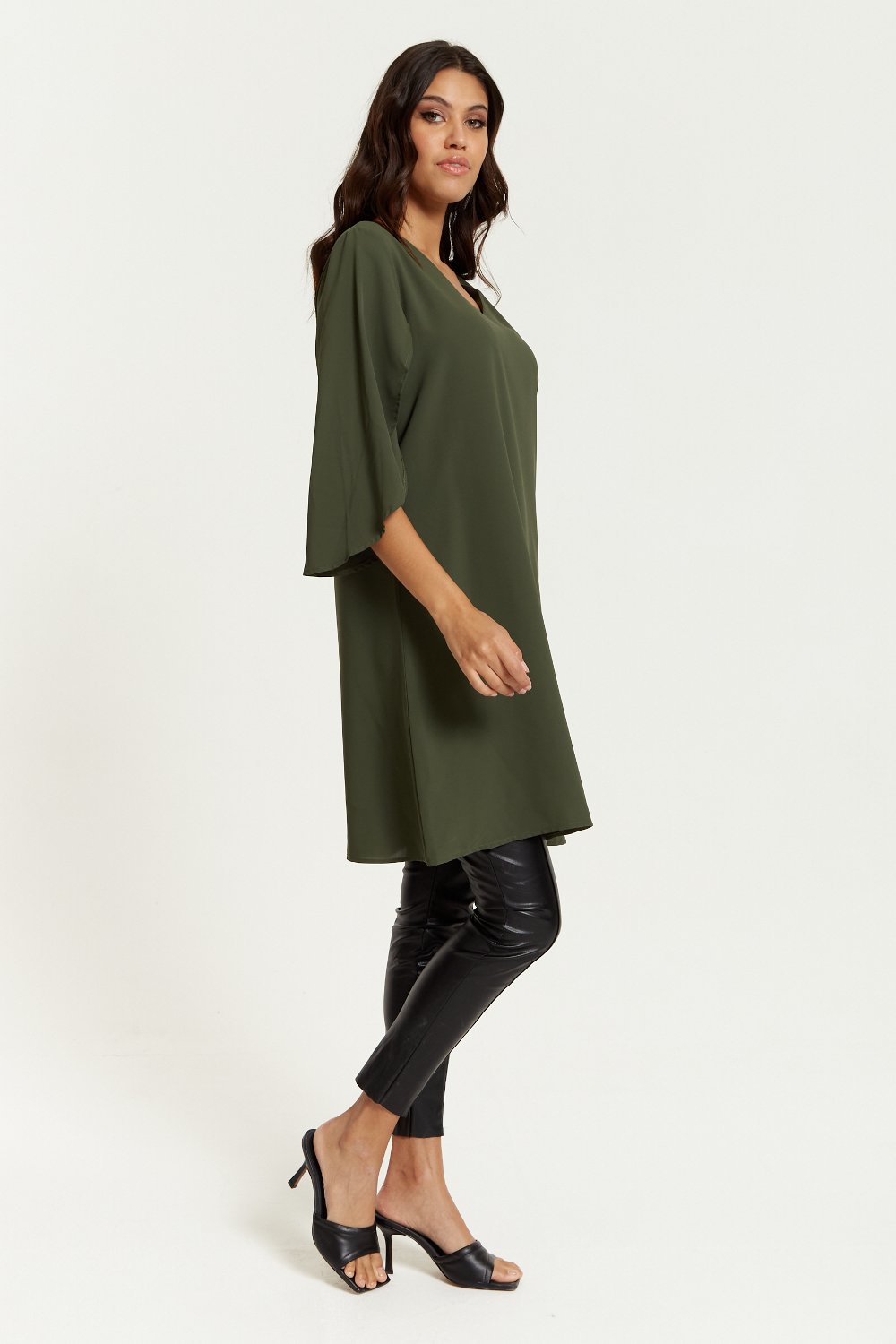 Oversized V Neck Detailed Satin Tunic with Split Sleeves in Khaki