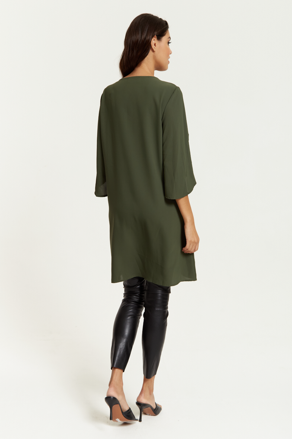 Oversized V Neck Detailed Satin Tunic with Split Sleeves in Khaki