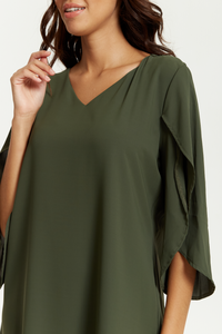 Oversized V Neck Detailed Satin Tunic with Split Sleeves in Khaki