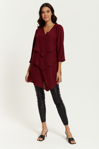 Oversized 3/4 Sleeves Layered V Neck Satin Tunic Top in Burgundy