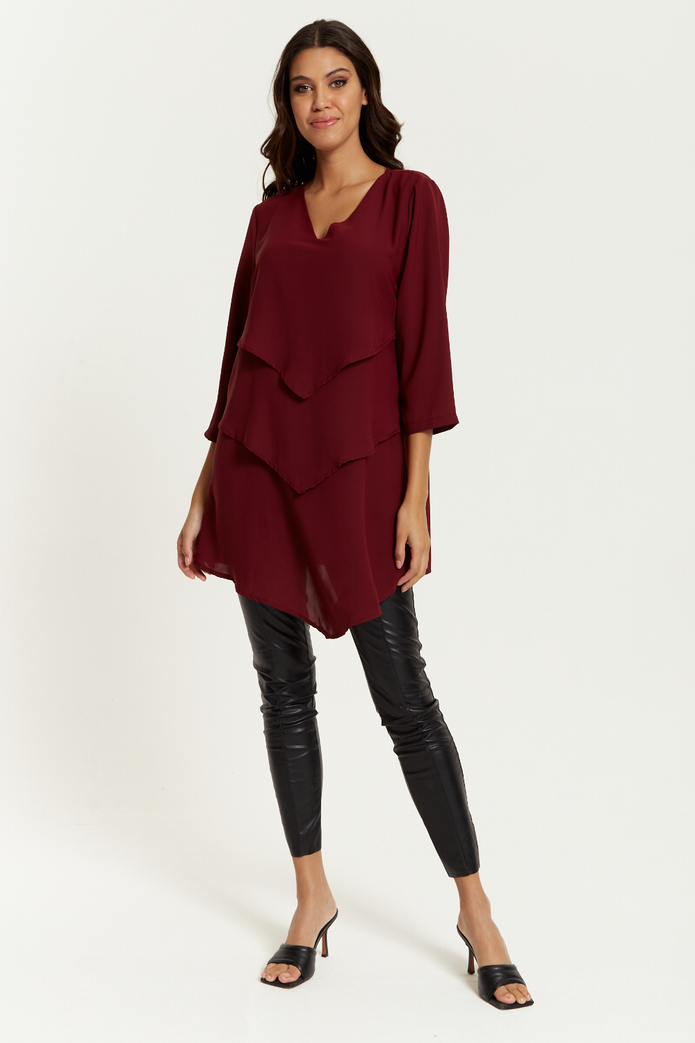 Oversized 3/4 Sleeves Layered V Neck Satin Tunic Top in Burgundy