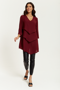 Oversized 3/4 Sleeves Layered V Neck Satin Tunic Top in Burgundy