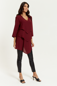 Oversized 3/4 Sleeves Layered V Neck Satin Tunic Top in Burgundy