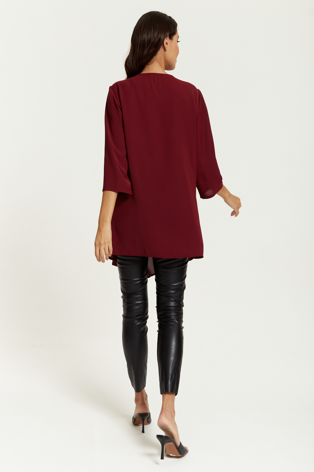 Oversized 3/4 Sleeves Layered V Neck Satin Tunic Top in Burgundy